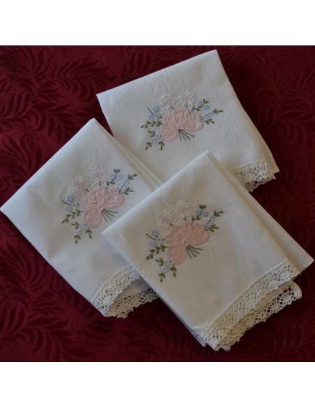 SET 3 ANTICHI ASCIUGAMANI / CANOVACCI IN LINO E COTONE CON MONOGRAMMA