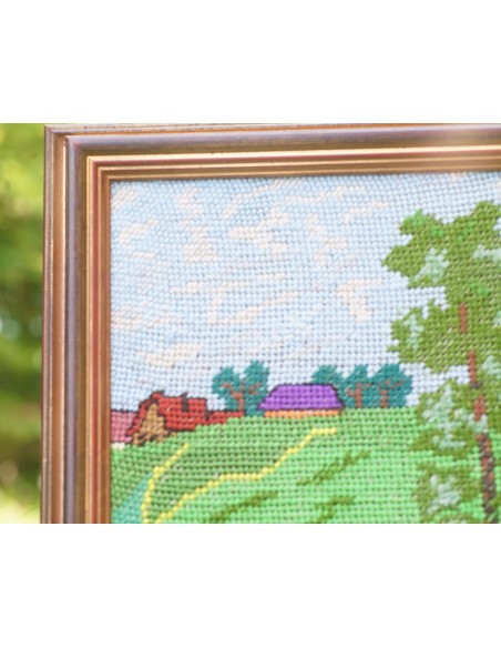 QUADRO VINTAGE  CON RICAMO "Paesaggio con mucca"