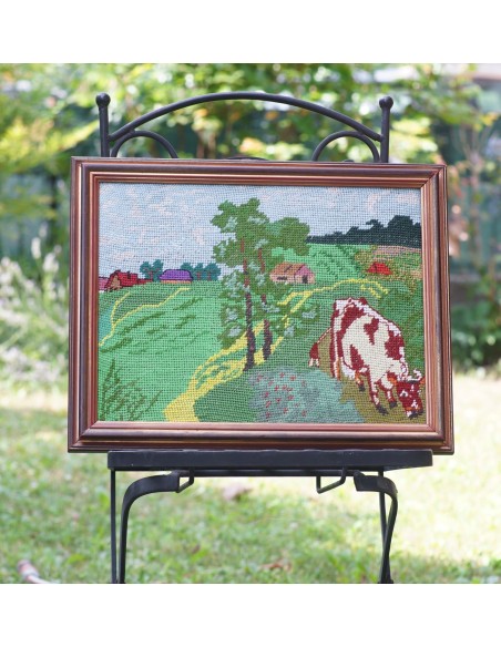 QUADRO VINTAGE  CON RICAMO "Paesaggio con mucca"