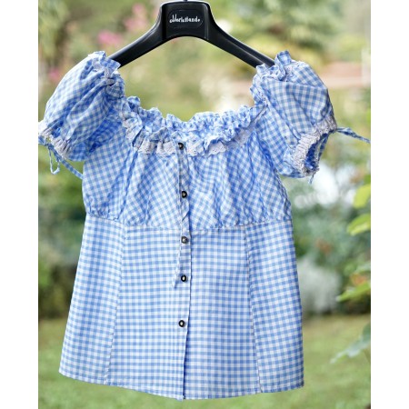 CAMICIA STILE TIROLESE  TG. 44 it. QUADRETTI AZZURRI