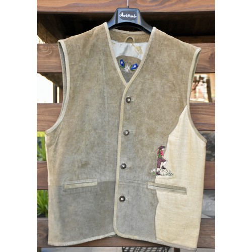 GILET  Tg.52 it. UOMO TIROLESE LINO e PELLE Alm See