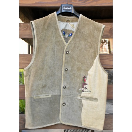 GILET  Tg.52 it. UOMO TIROLESE LINO e PELLE Alm See