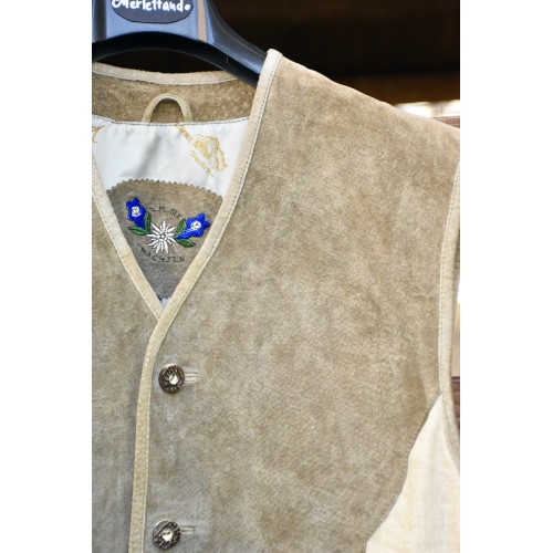 GILET  Tg.52 it. UOMO TIROLESE LINO e PELLE Alm See 2