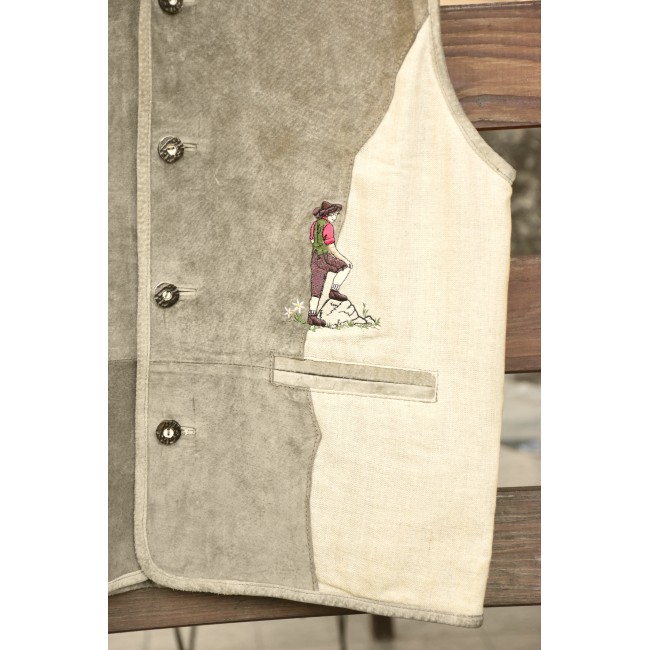 GILET  Tg.52 it. UOMO TIROLESE LINO e PELLE Alm...